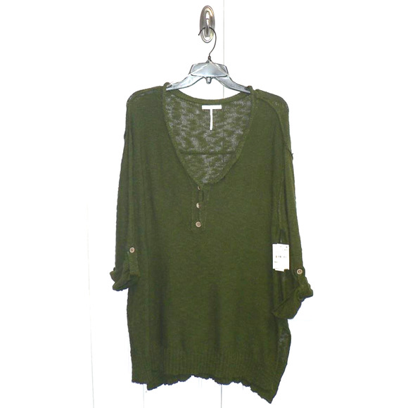 Stitchdrop Women's Slub V-Neck Button Front Henley In Olive Green Small MSRP $72 - Picture 2 of 4